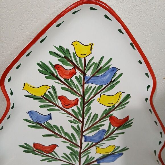 Vietri Made in Italy Large Christmas Tree Shaped Platter Tray With Birds Mint - Picture 2 of 7